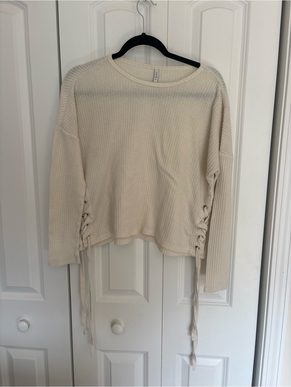 Z supply Waffle-Knit Lace-Up Cream Sweater Top